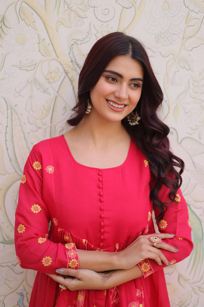 Gulabo Hot Pink Embroidered Mal Chanderi Anarkali Set