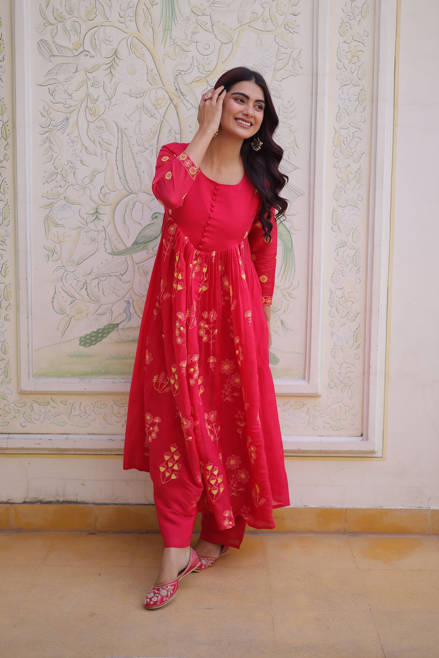 Gulabo Hot Pink Embroidered Mal Chanderi Anarkali Set