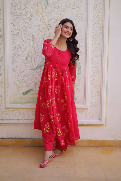 Gulabo Hot Pink Embroidered Mal Chanderi Anarkali Set