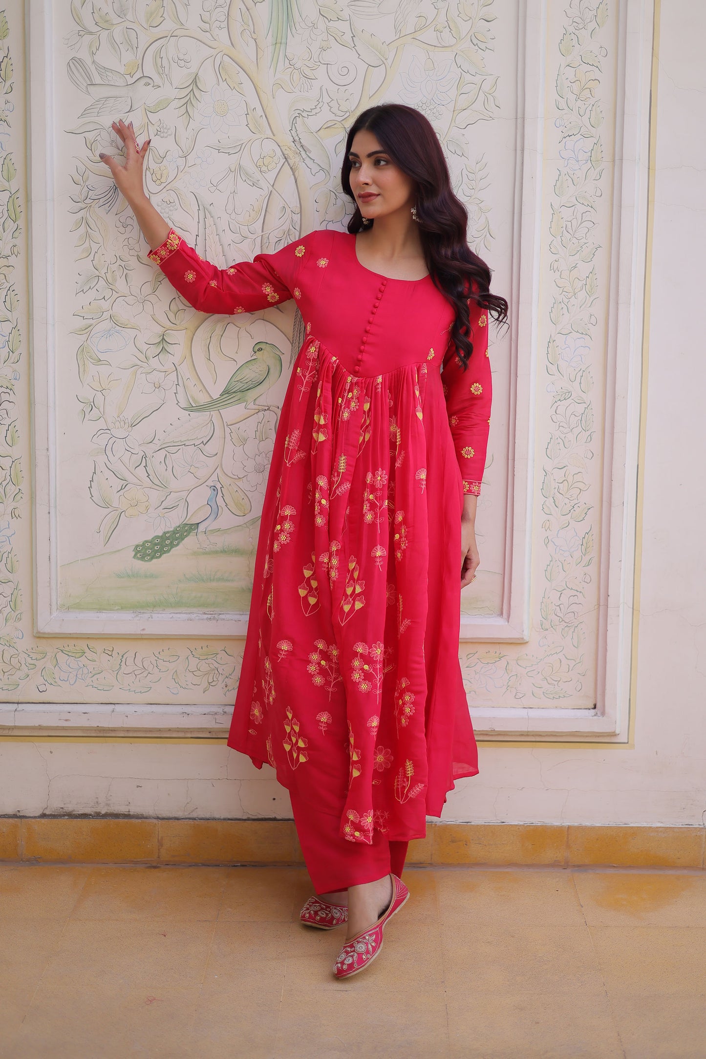 Gulabo Hot Pink Embroidered Mal Chanderi Anarkali Set