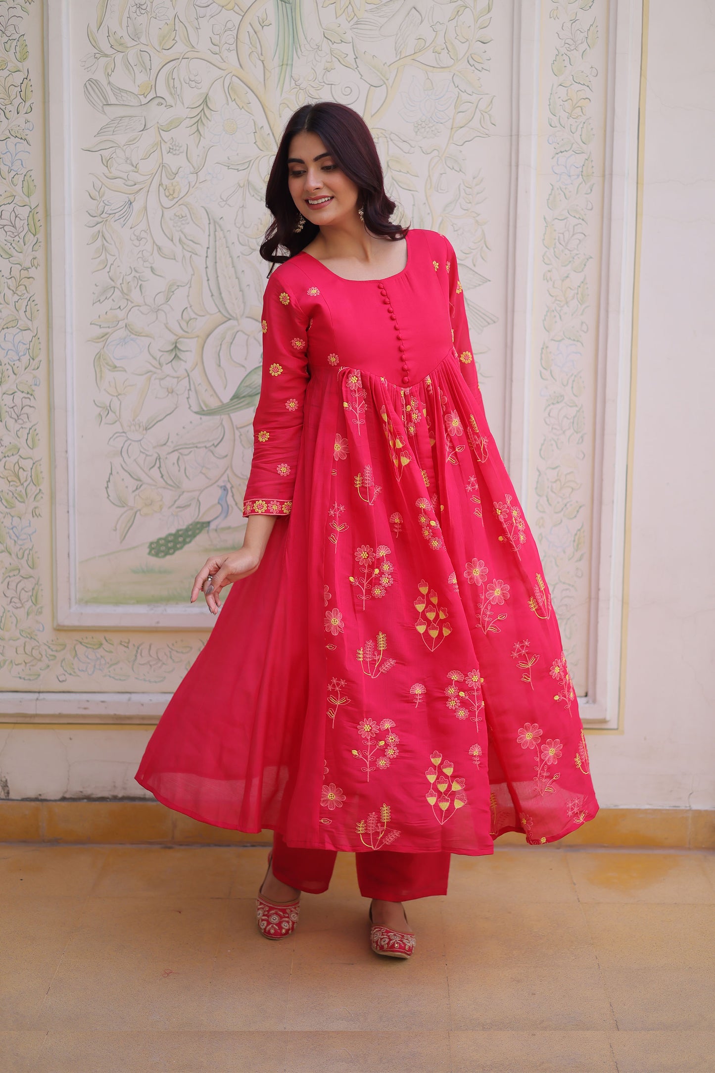 Gulabo Hot Pink Embroidered Mal Chanderi Anarkali Set
