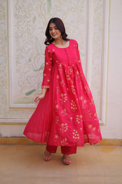 Gulabo Hot Pink Embroidered Mal Chanderi Anarkali Set