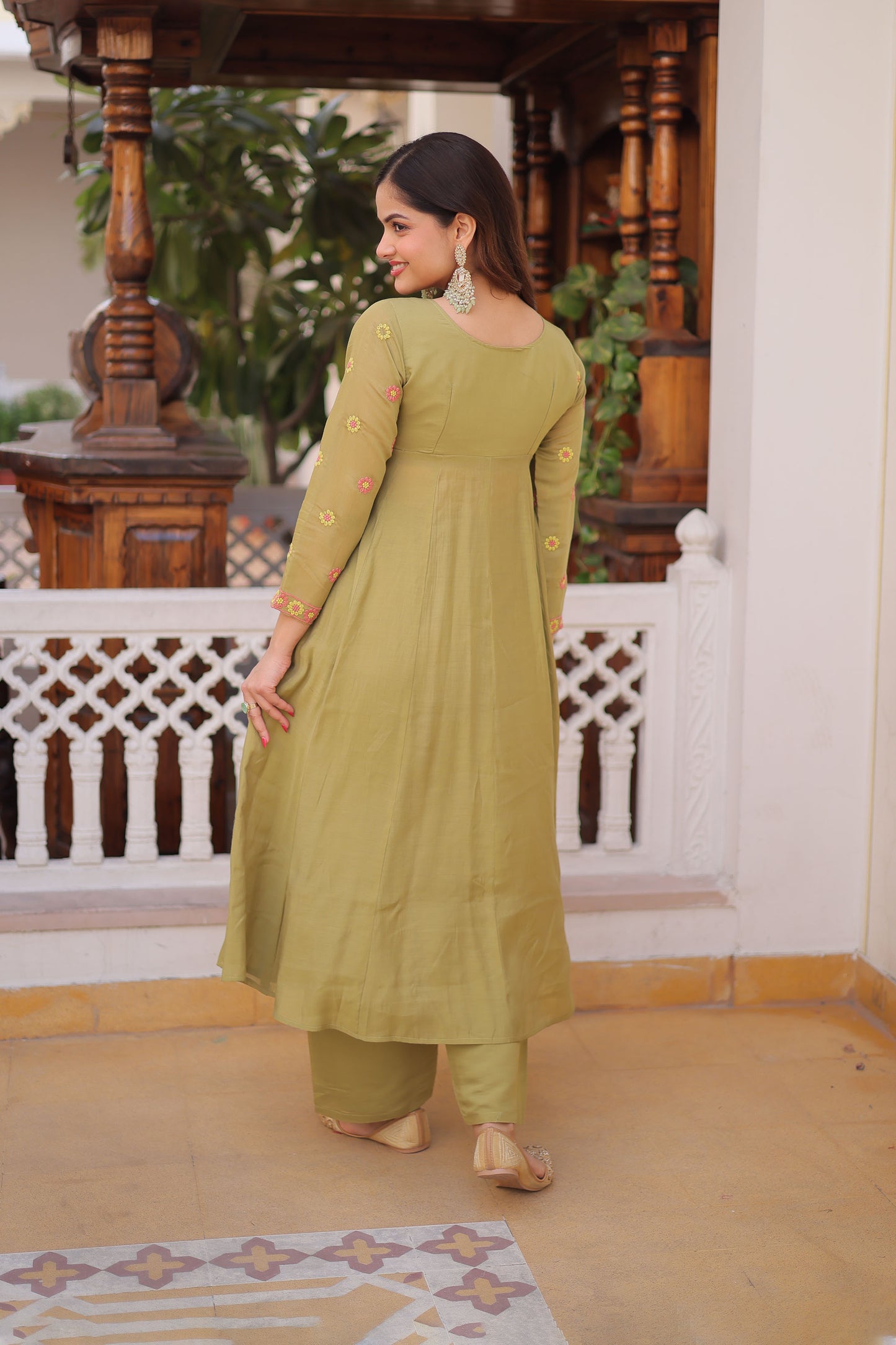 Gulabo Pista Green Embroidered Mal Chanderi Anarkali Set