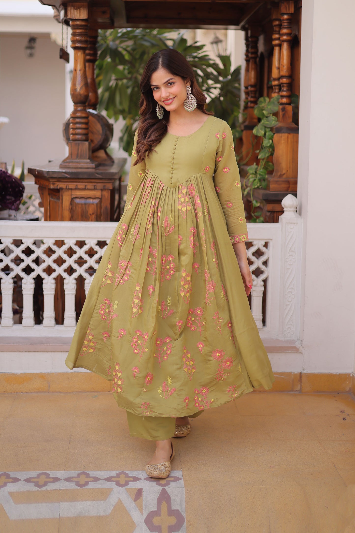 Gulabo Pista Green Embroidered Mal Chanderi Anarkali Set