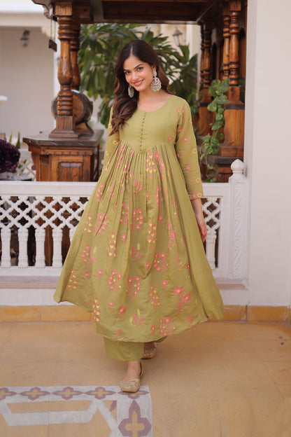 Gulabo Pista Green Embroidered Mal Chanderi Anarkali Set