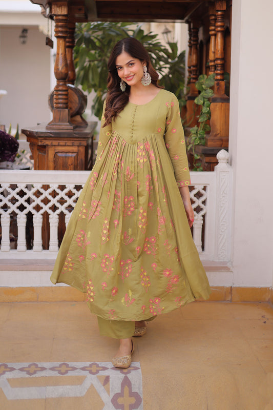 Gulabo Pista Green Embroidered Mal Chanderi Anarkali Set
