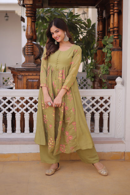 Gulabo Pista Green Embroidered Mal Chanderi Anarkali Set