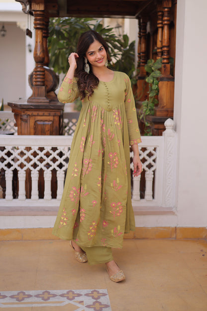 Gulabo Pista Green Embroidered Mal Chanderi Anarkali Set