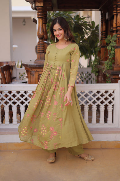 Gulabo Pista Green Embroidered Mal Chanderi Anarkali Set