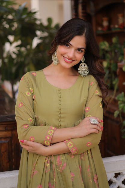 Gulabo Pista Green Embroidered Mal Chanderi Anarkali Set