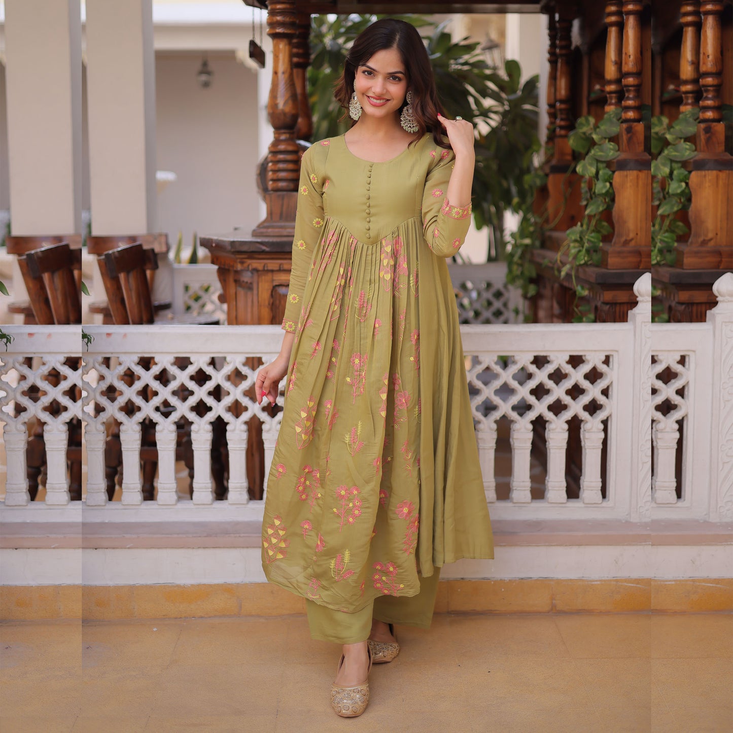 Gulabo Pista Green Embroidered Mal Chanderi Anarkali Set