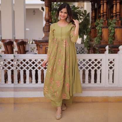 Gulabo Pista Green Embroidered Mal Chanderi Anarkali Set