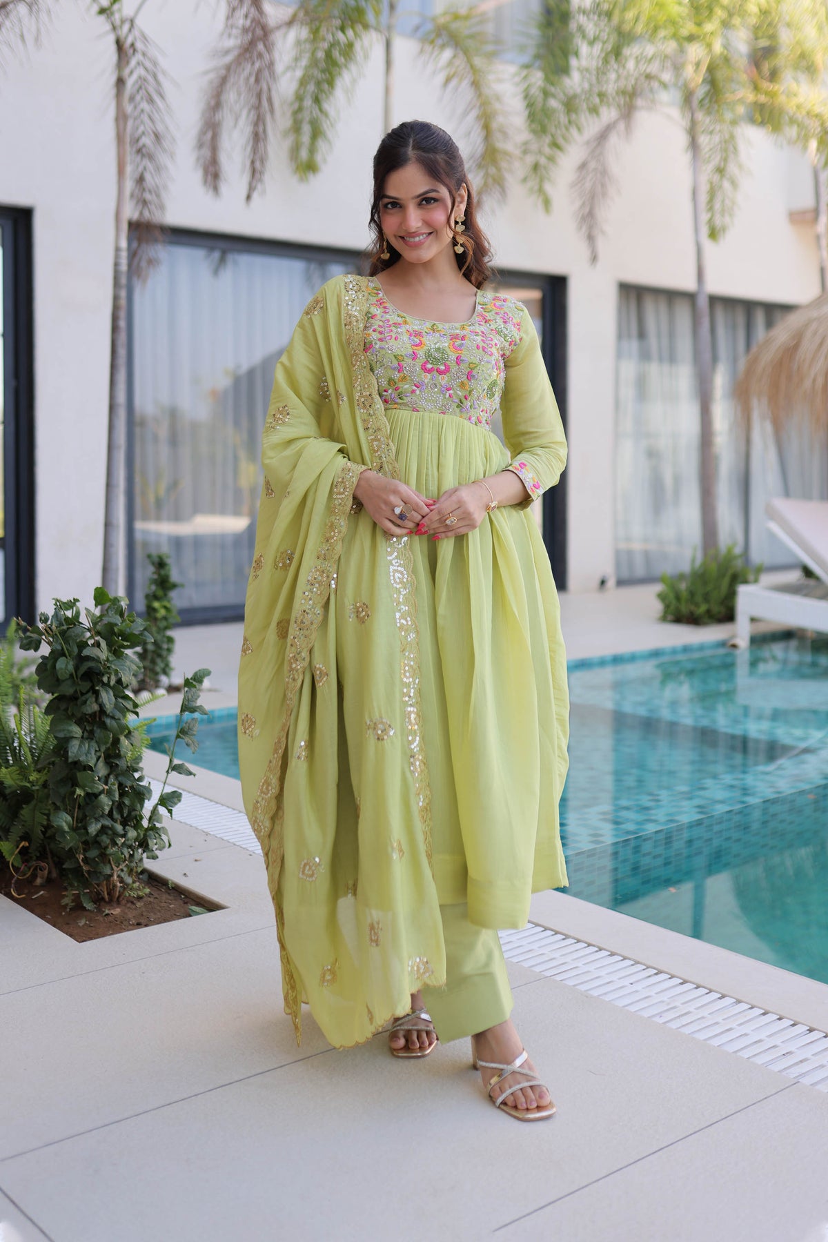 Vaani Pista Mal Chanderi Anarkali Suit Set