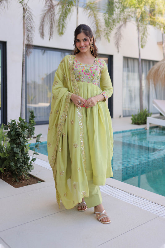 Vaani Pista Mal Chanderi Anarkali Suit Set