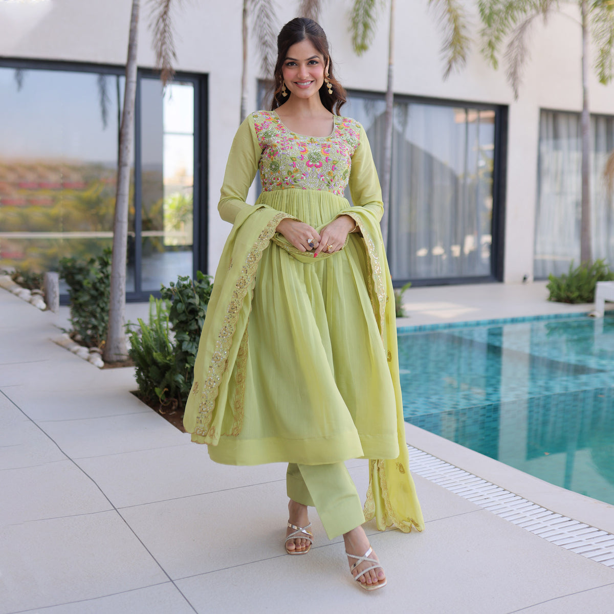 Vaani Pista Mal Chanderi Anarkali Suit Set