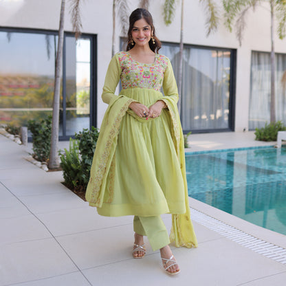 Vaani Pista Mal Chanderi Anarkali Suit Set