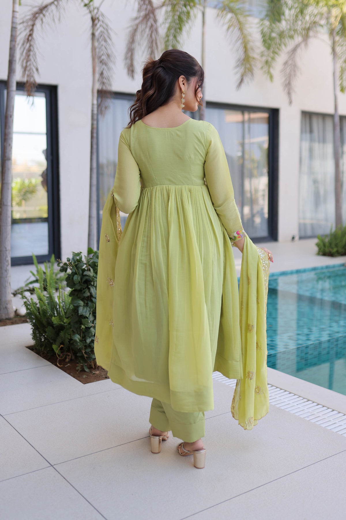 Vaani Pista Mal Chanderi Anarkali Suit Set