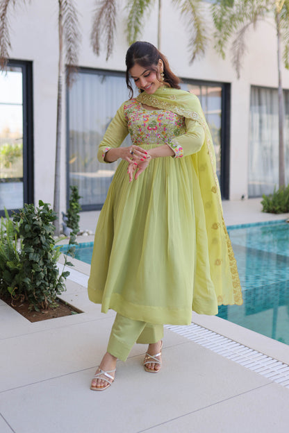 Vaani Pista Mal Chanderi Anarkali Suit Set
