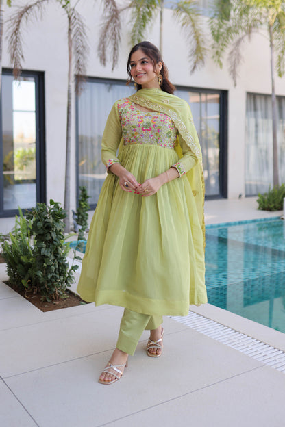 Vaani Pista Mal Chanderi Anarkali Suit Set