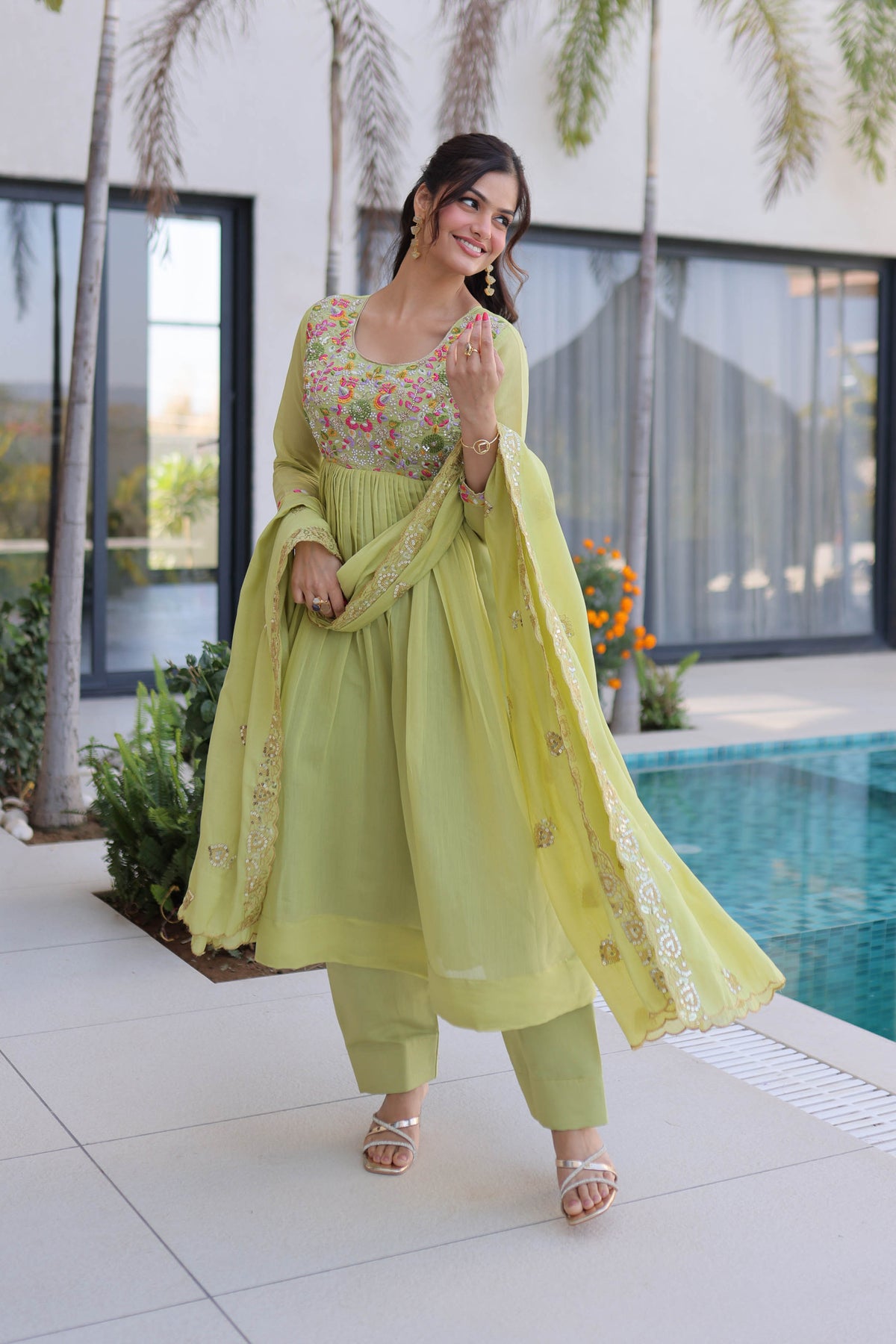 Vaani Pista Mal Chanderi Anarkali Suit Set