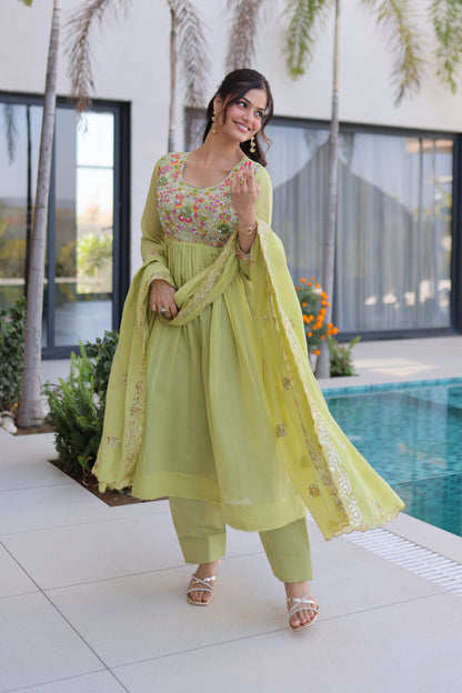 Vaani Pista Mal Chanderi Anarkali Suit Set
