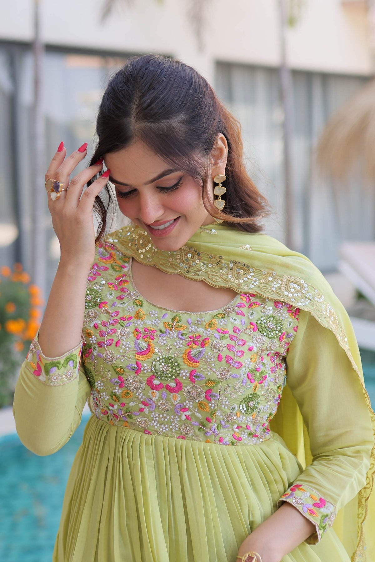 Vaani Pista Mal Chanderi Anarkali Suit Set