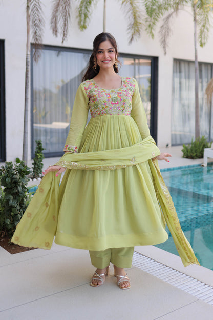 Vaani Pista Mal Chanderi Anarkali Suit Set