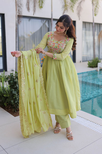 Vaani Pista Mal Chanderi Anarkali Suit Set