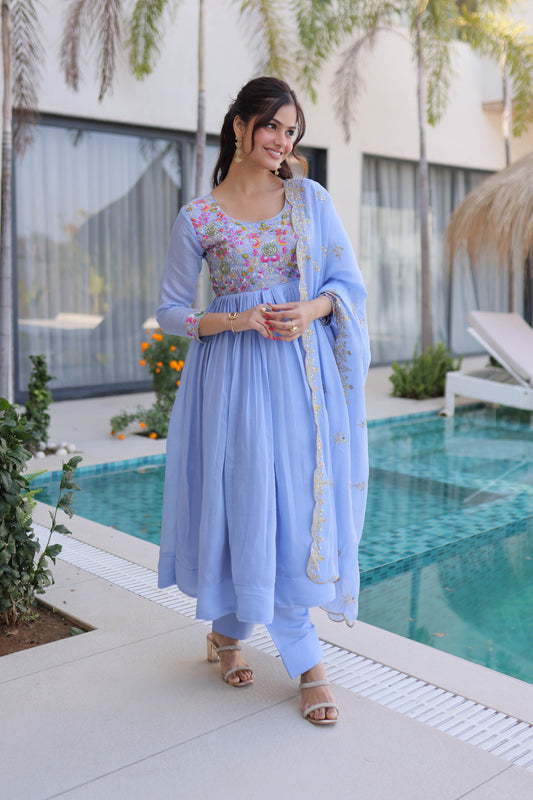 Vaani Sky Mal Chanderi Anarkali Suit Set