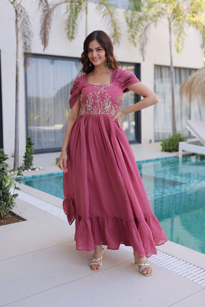 Meher Gajri Pink Beads Embroidered Chanderi Gown