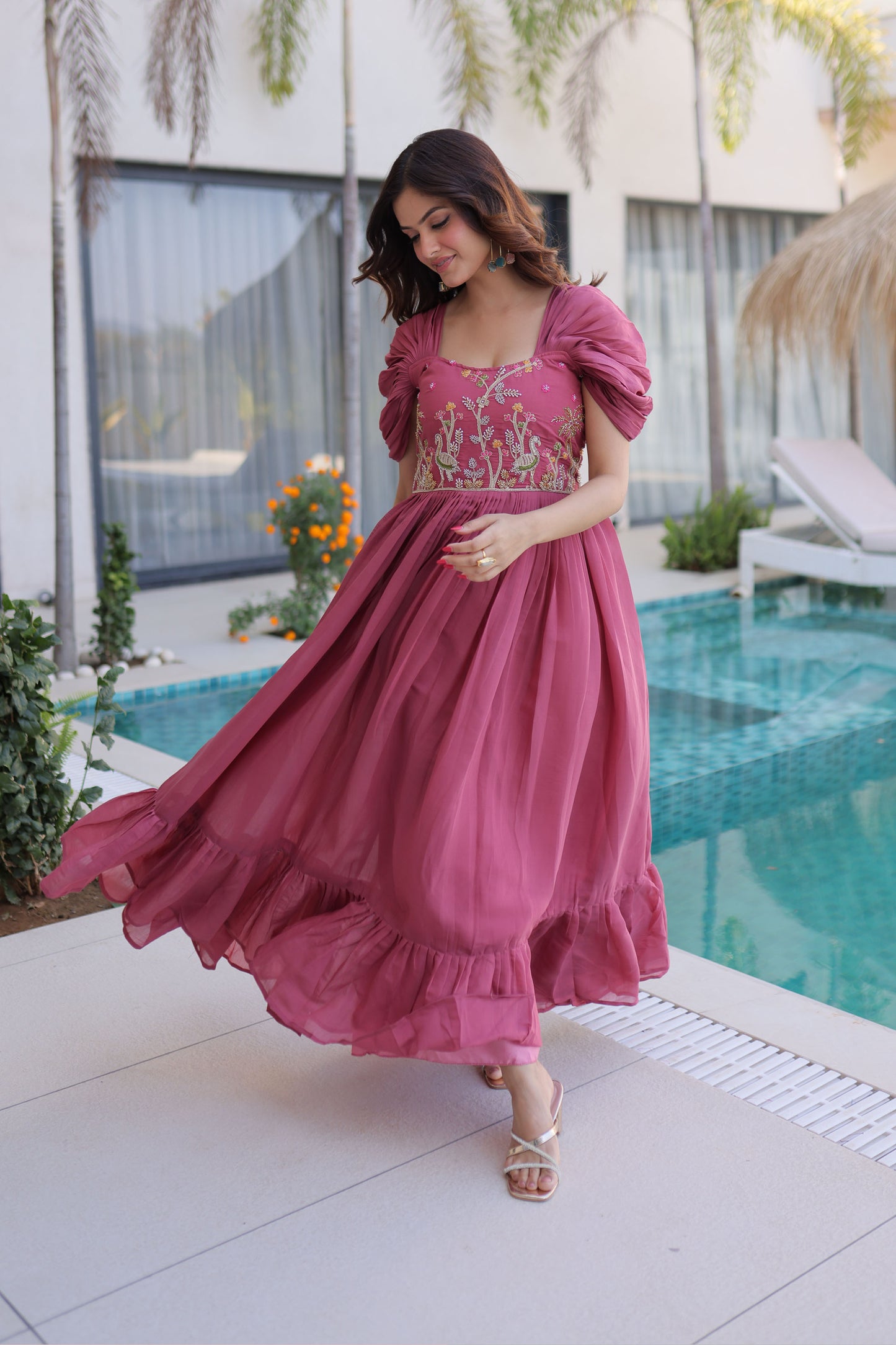 Meher Gajri Pink Beads Embroidered Chanderi Gown
