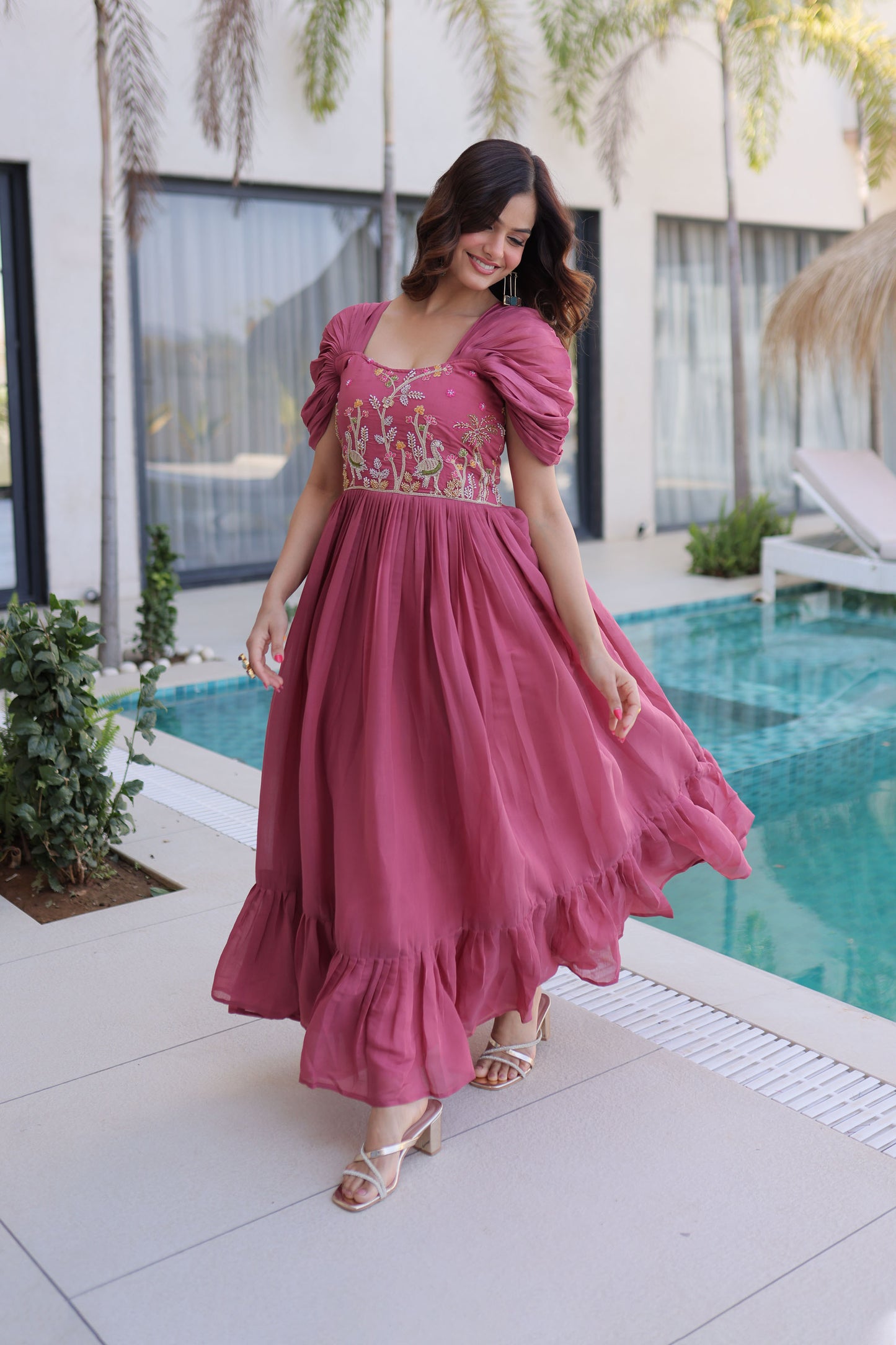 Meher Gajri Pink Beads Embroidered Chanderi Gown