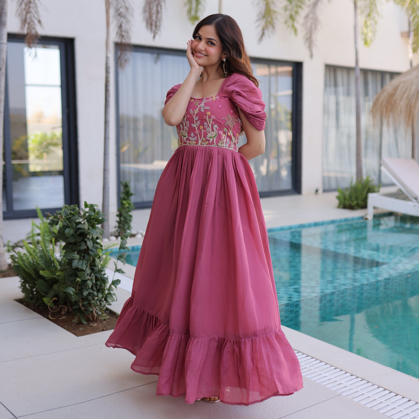 Meher Gajri Pink Beads Embroidered Chanderi Gown