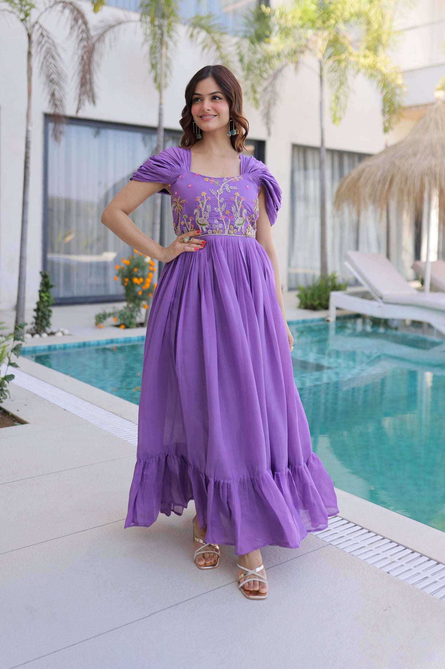 Meher Purple Beads Embroidered Chanderi Gown