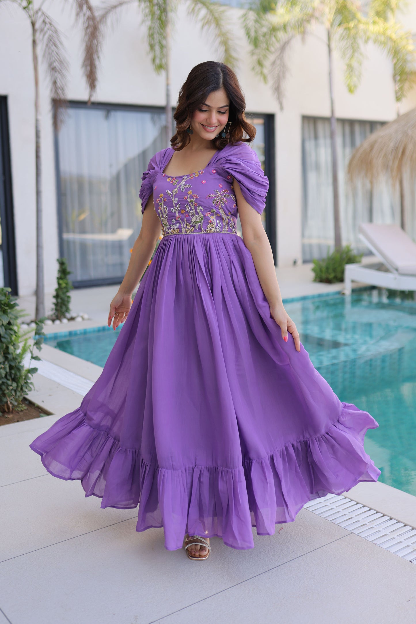 Meher Purple Beads Embroidered Chanderi Gown