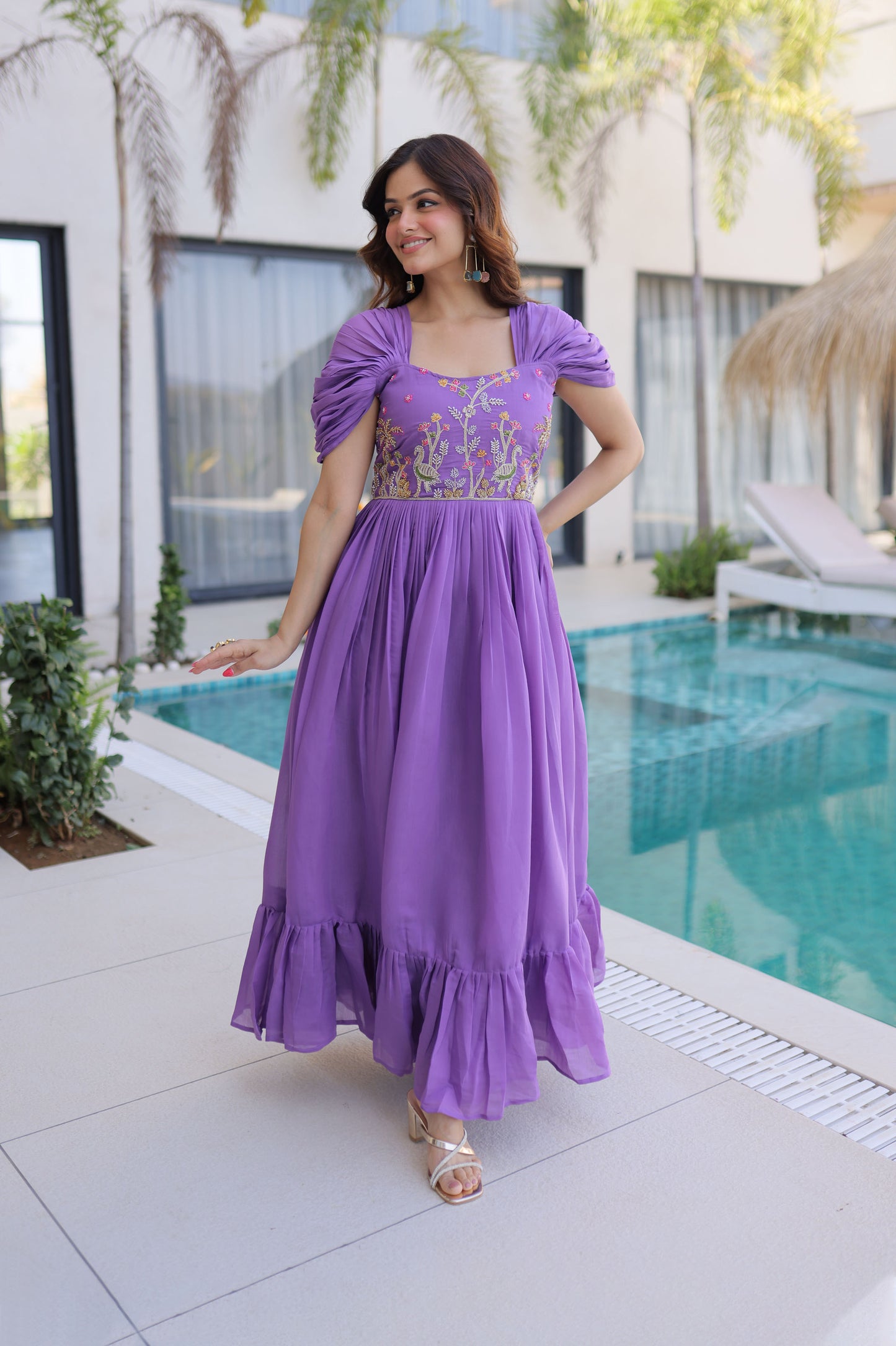 Meher Purple Beads Embroidered Chanderi Gown