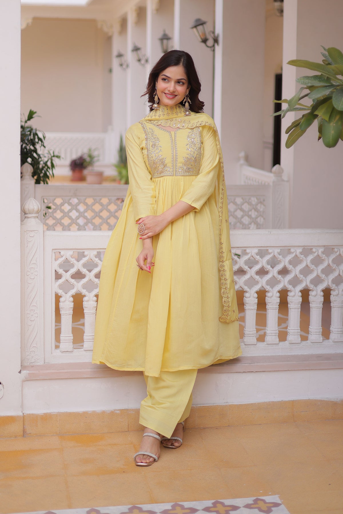 Aakriti Yellow Mal Chanderi Anarkali Suit Set