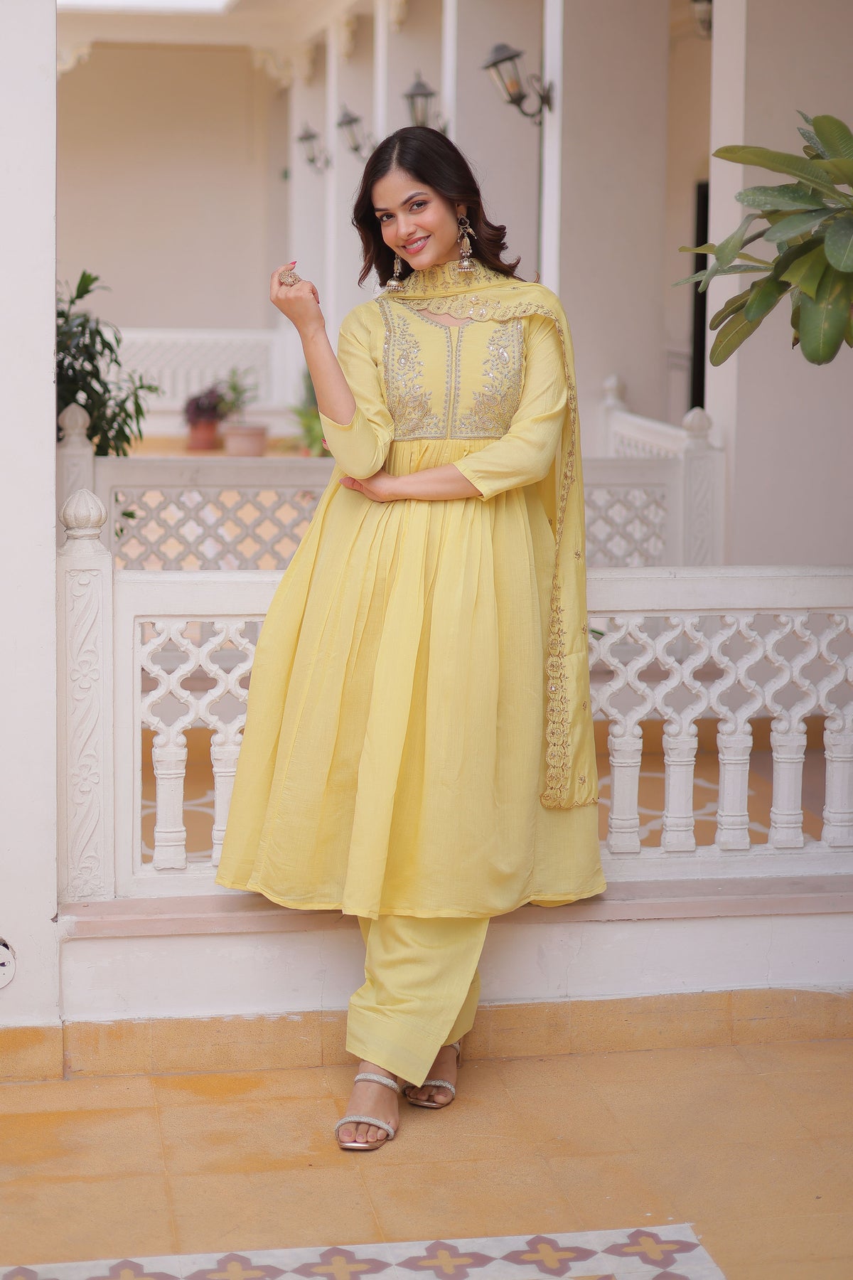 Aakriti Yellow Mal Chanderi Anarkali Suit Set