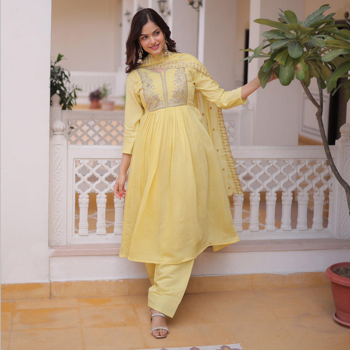 Aakriti Yellow Mal Chanderi Anarkali Suit Set