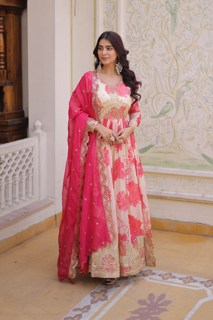 Sora Ivory Floral Printed and Embroidered Gown with Dupatta