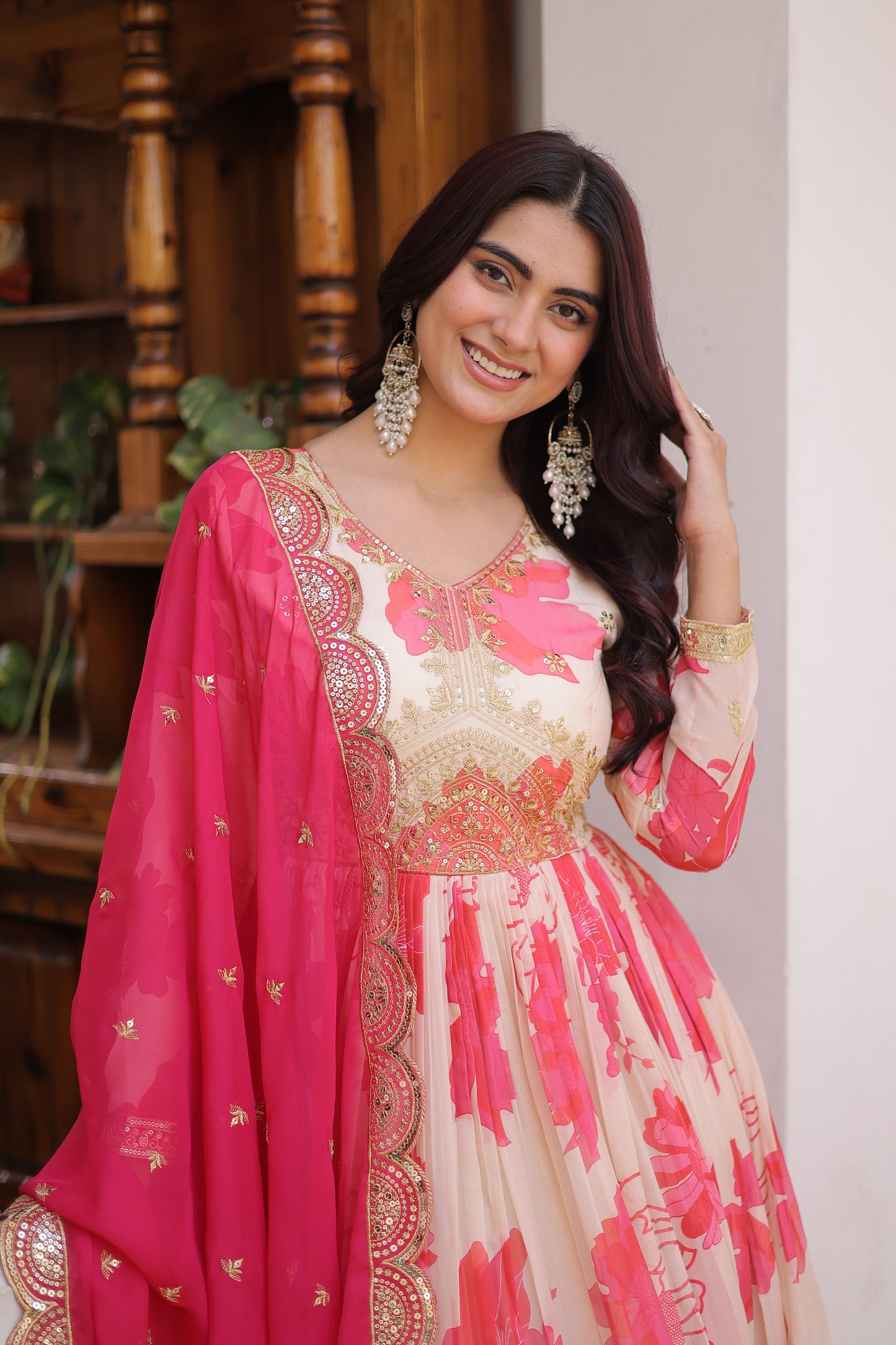Sora Ivory Floral Printed and Embroidered Gown with Dupatta