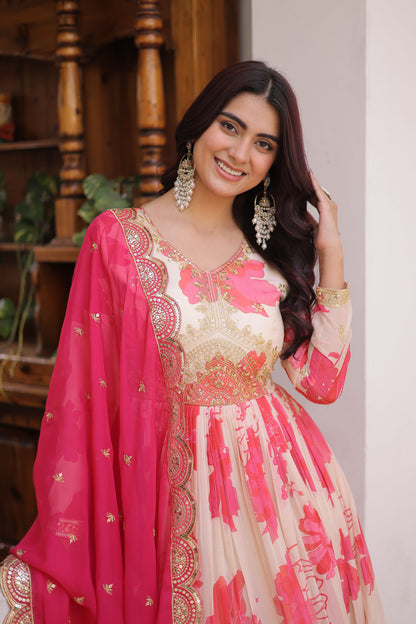 Sora Ivory Floral Printed and Embroidered Gown with Dupatta