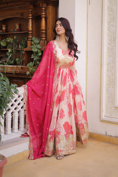 Sora Ivory Floral Printed and Embroidered Gown with Dupatta