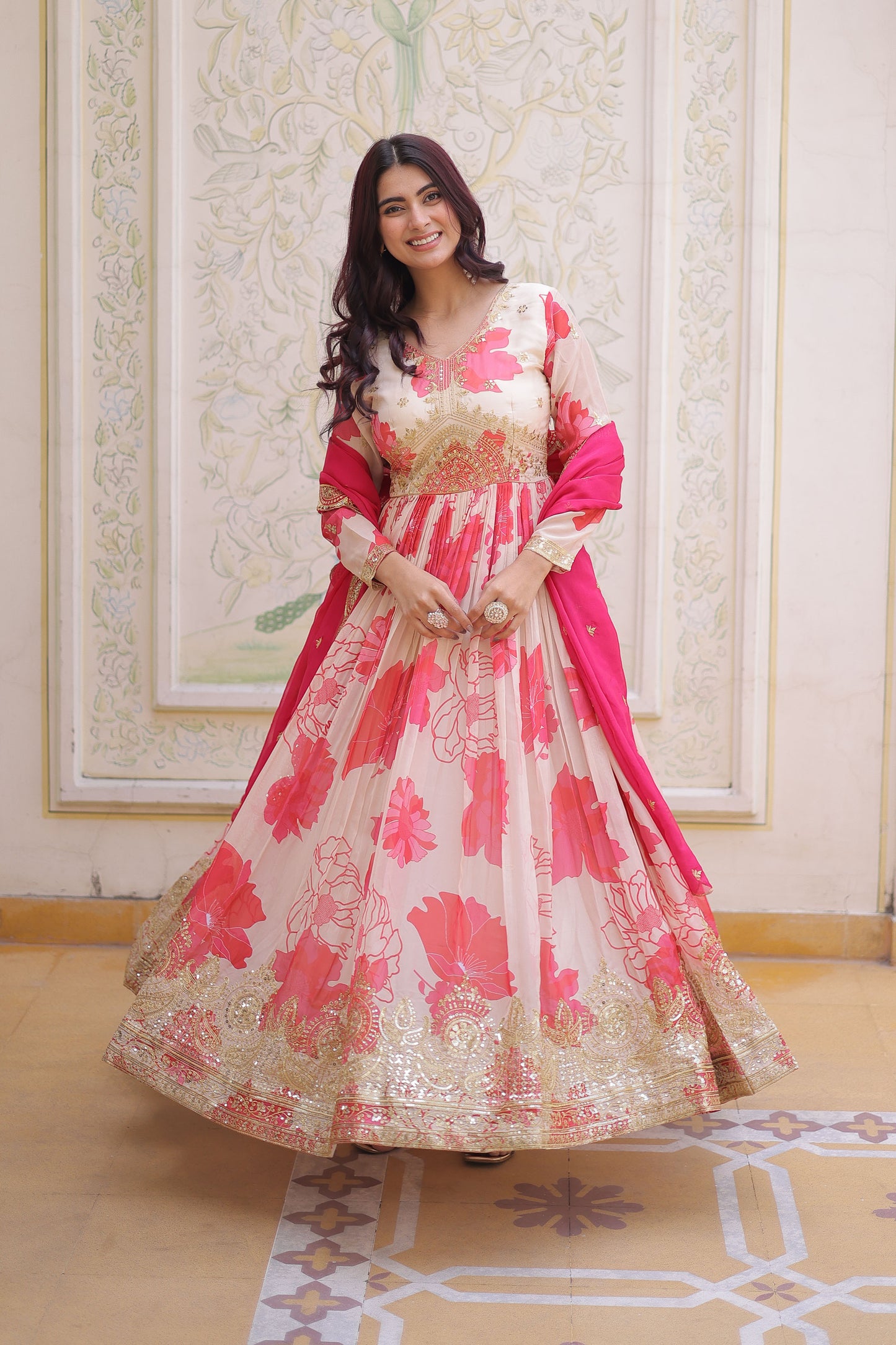 Sora Ivory Floral Printed and Embroidered Gown with Dupatta
