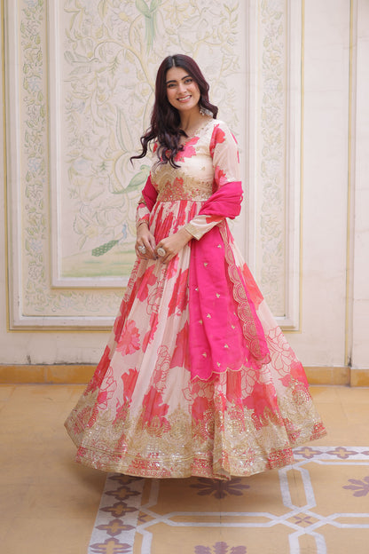 Sora Ivory Floral Printed and Embroidered Gown with Dupatta