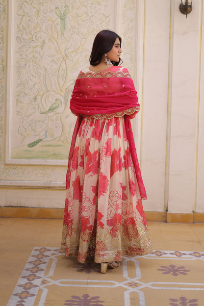 Sora Ivory Floral Printed and Embroidered Gown with Dupatta