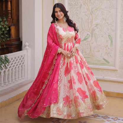 Sora Ivory Floral Printed and Embroidered Gown with Dupatta