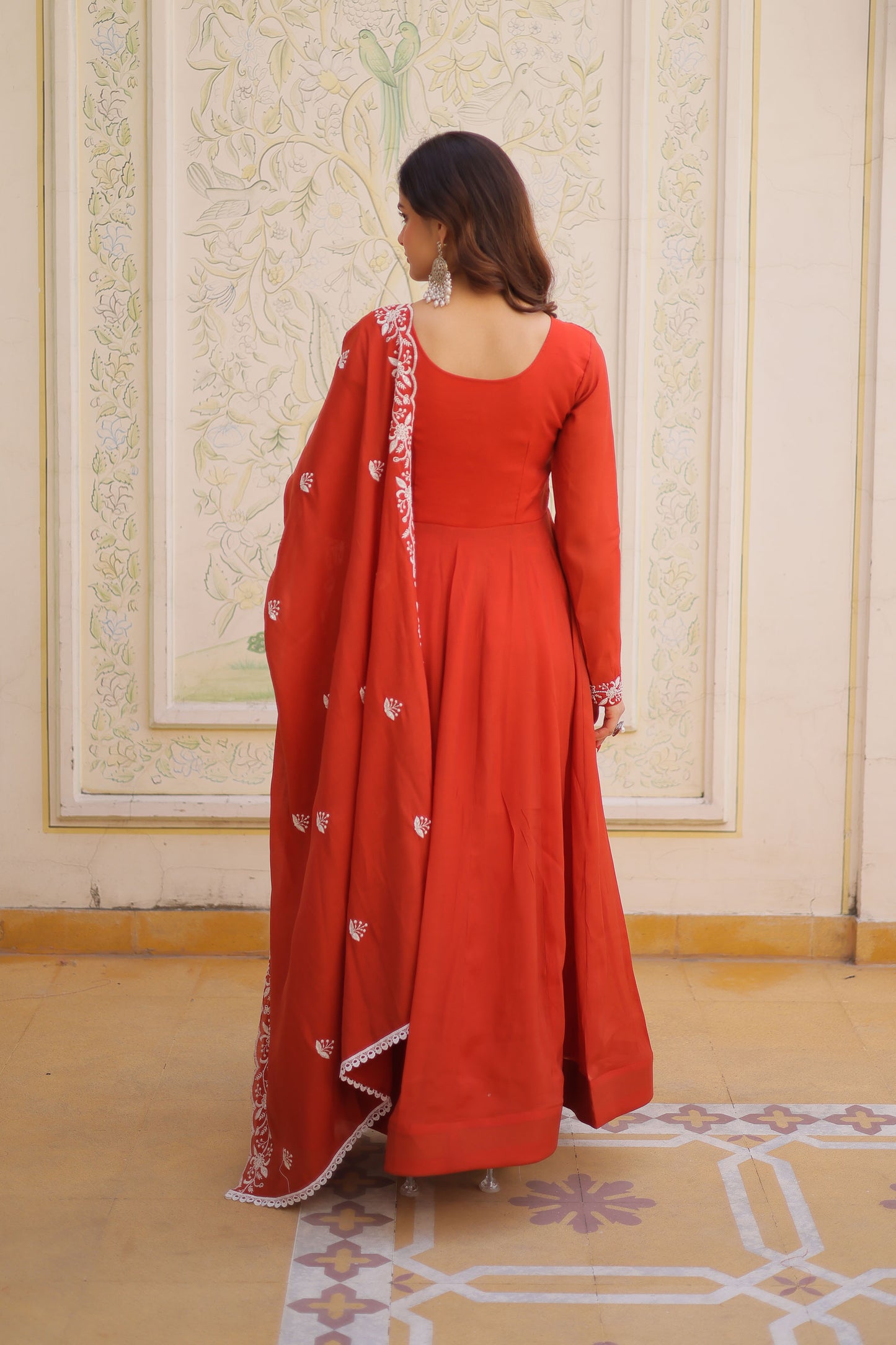 Maavi Rust Orange Beads and Resham Embroidered Gown with Dupatta