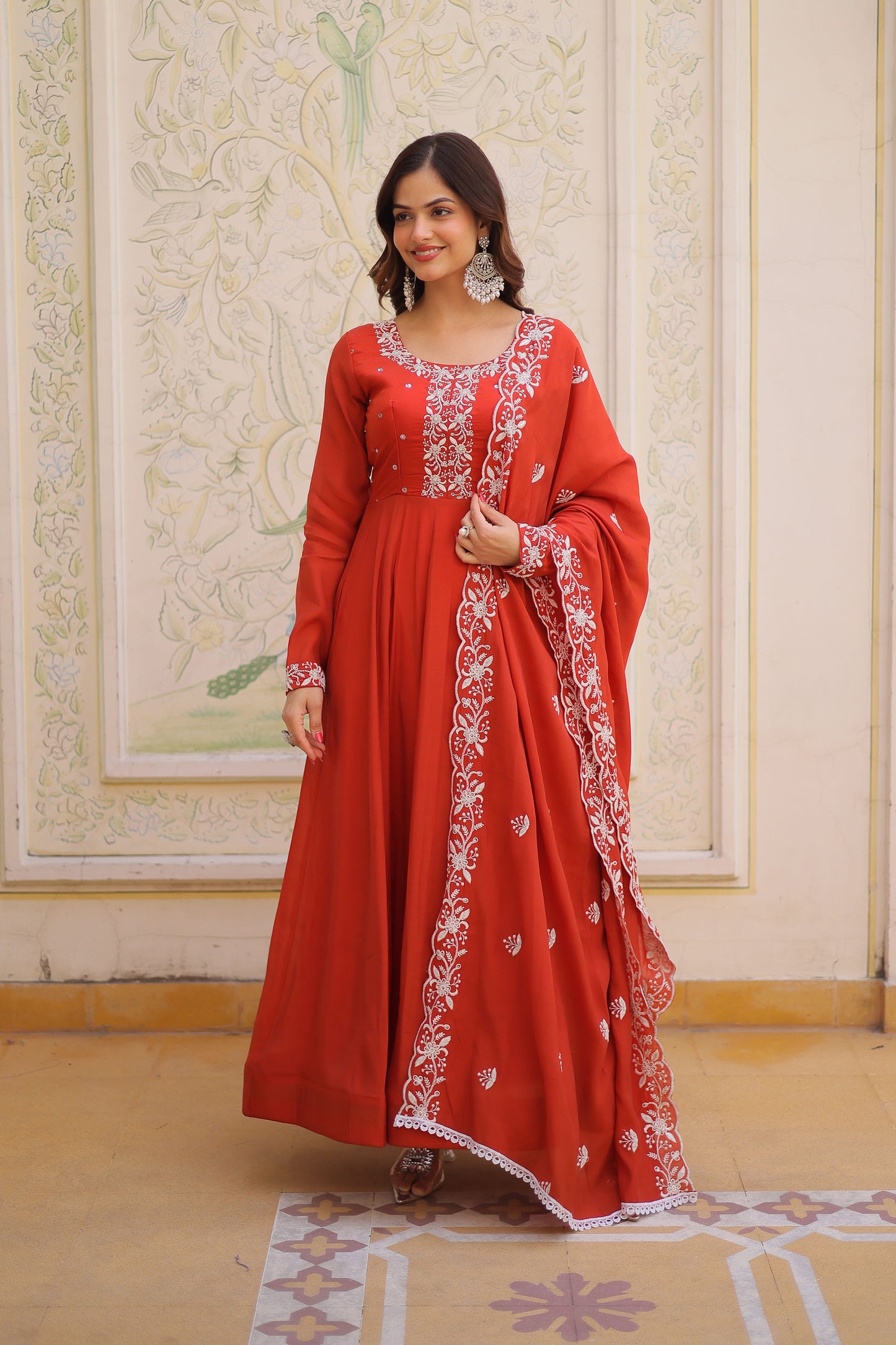 Maavi Rust Orange Beads and Resham Embroidered Gown with Dupatta
