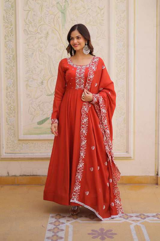 Maavi Rust Orange Beads and Resham Embroidered Gown with Dupatta